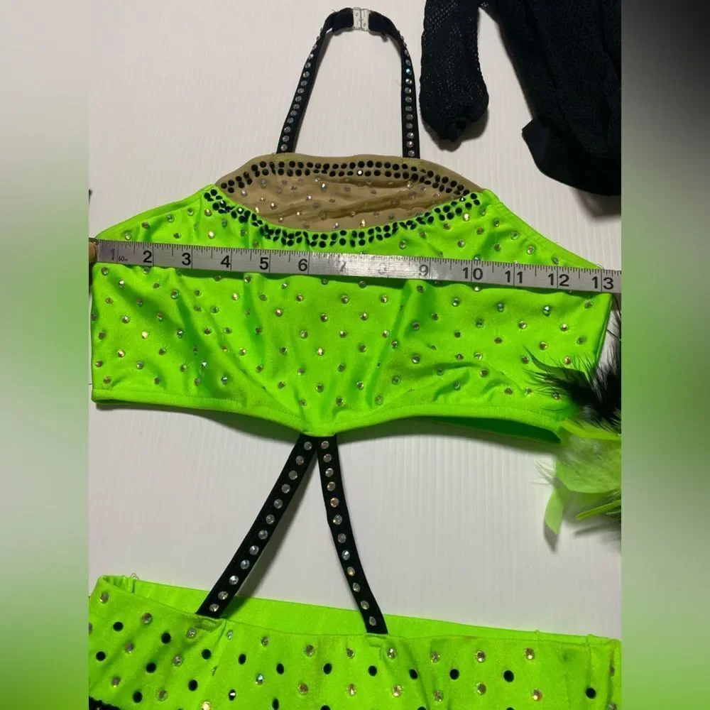 Glamour solo dance costume leotard neon green embellished rhinestoned SA adult